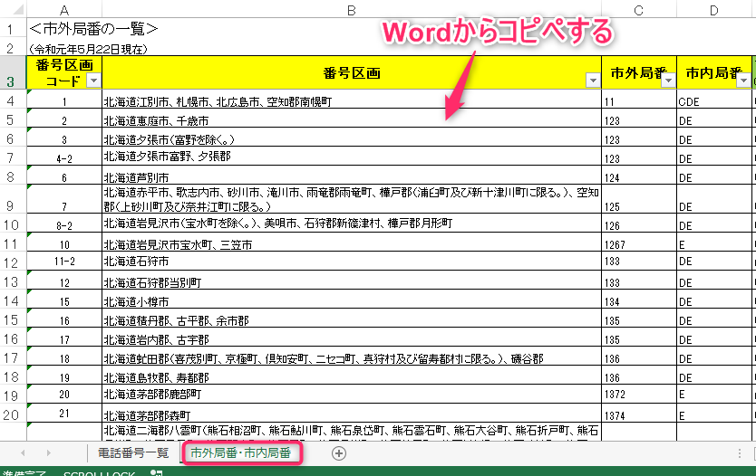 市外局番・市内局番一覧をExcelにコピペ