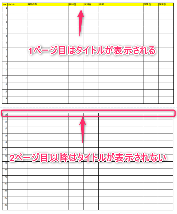 エクセル印刷時に全ページのタイトル 見出し を固定表示する方法